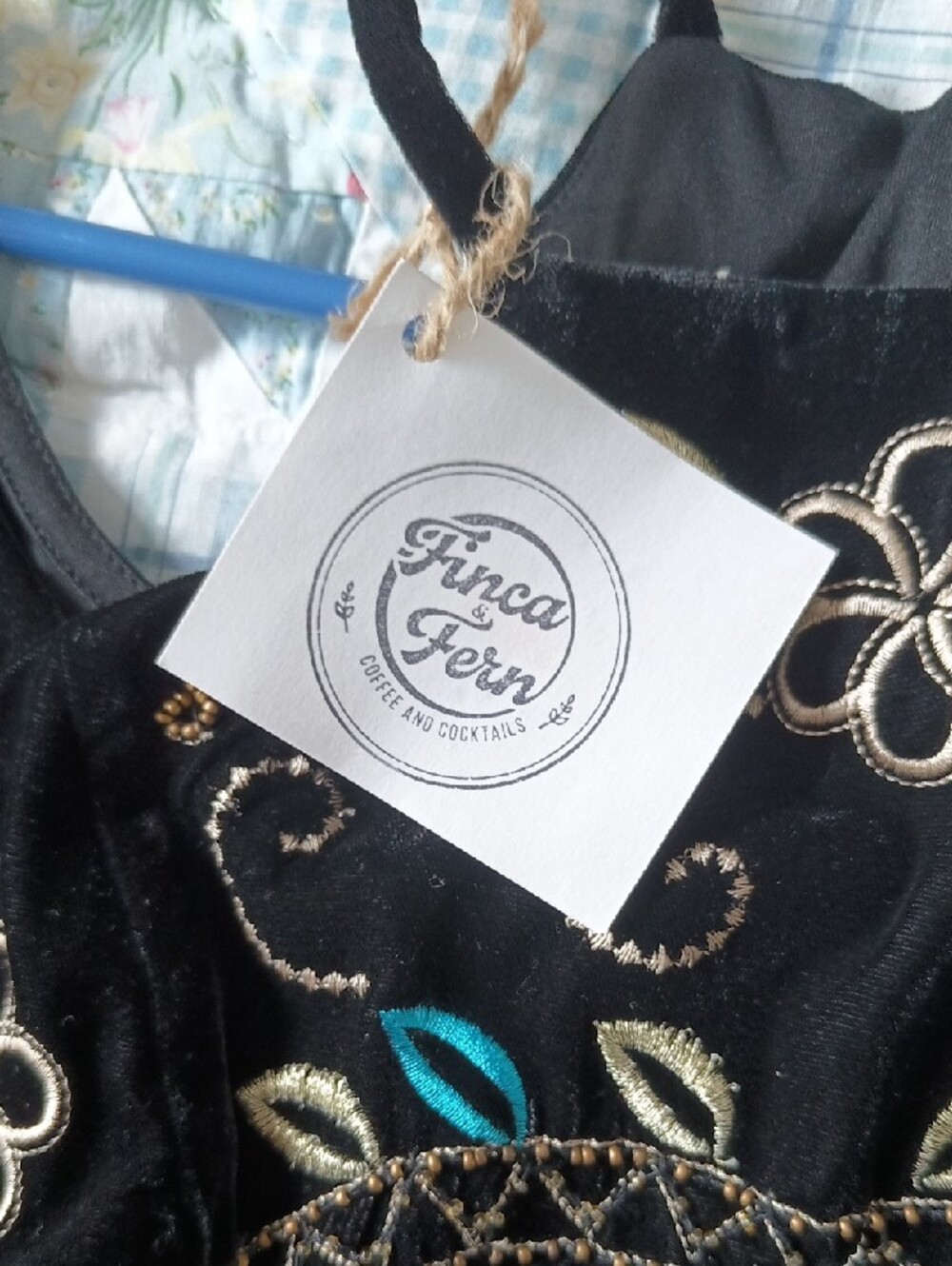 Black Embroidered Velvet Tunic Top with Teal Accents - Picture 3 of 11